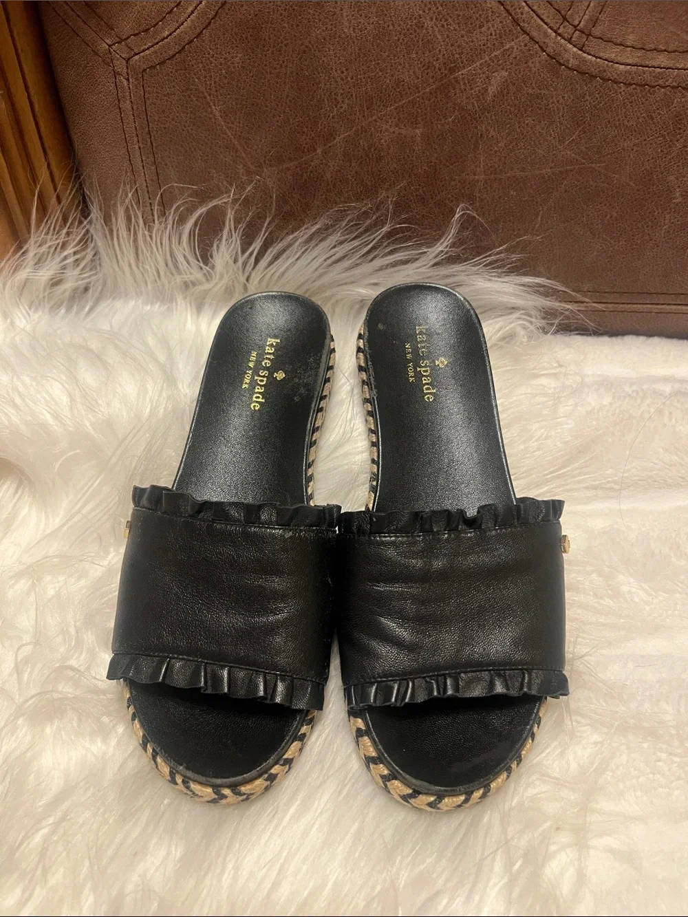kate spade Black Ruffle Espadrille Slide Sandals size 7M